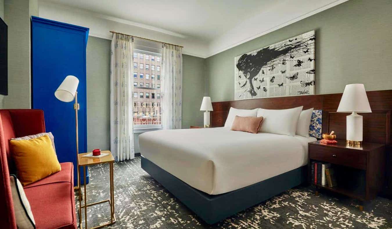 A cool hotel room with lots of art at Hotel Emblem in San Francisco, USA